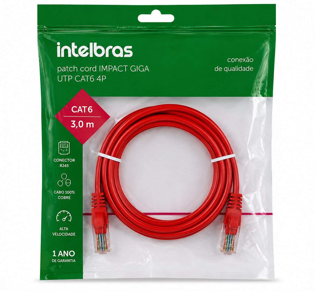 PATCH CORD IMPACT GIGA UTP CAT6 4P VERMELHO 3,0M