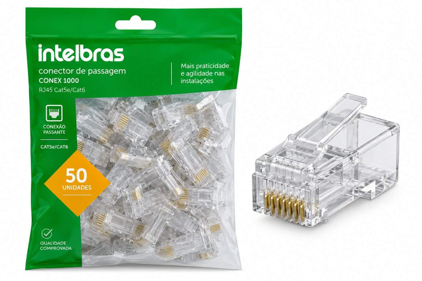 CONECTOR DE PASSAGEM CONEX 1000 RJ45 CAT5E/CAT6 - 50 UN (CONECTOR VAZADO)